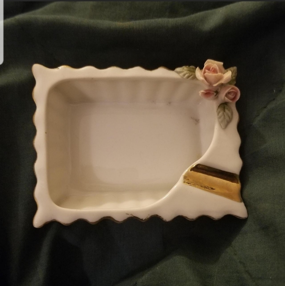 Vintage Lefton China Coquette Ashtray with Pink Floral Porcelain Accents.